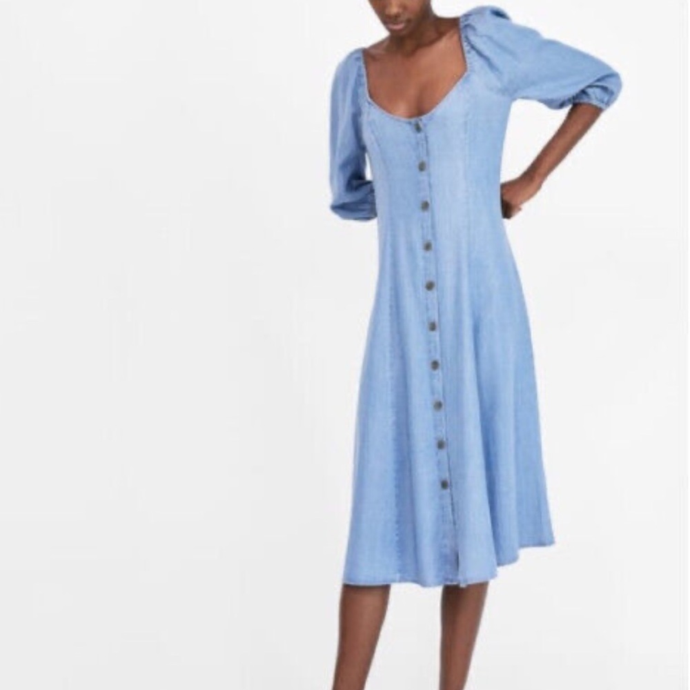 Zara Blue Midi Button Front Lyocell Dress